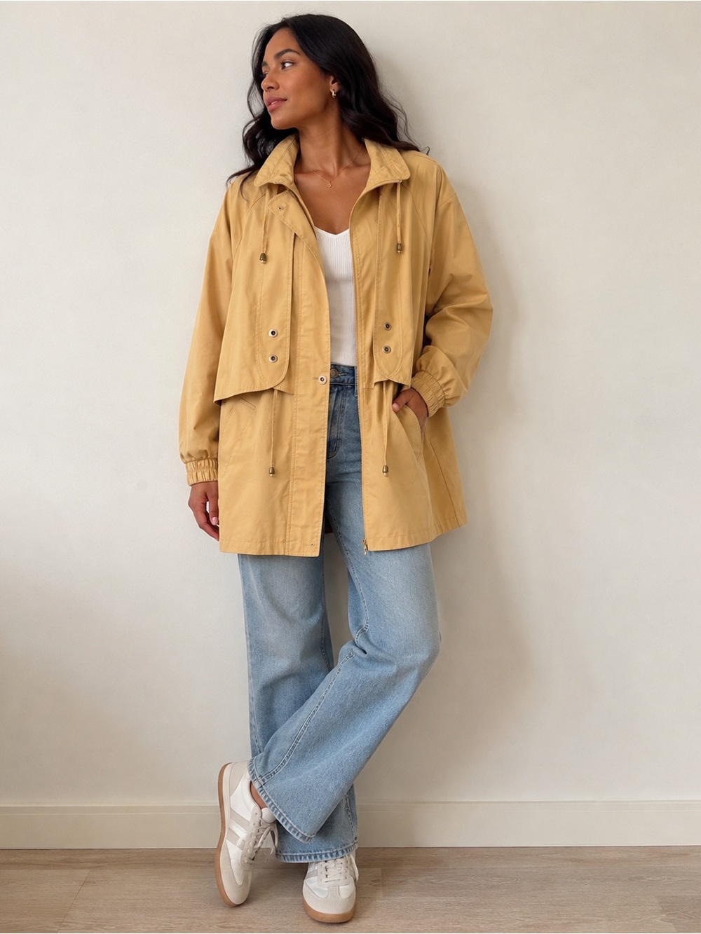 Vintage Misty Harbor Tan Utility Trench Jacket Drawstring Coat